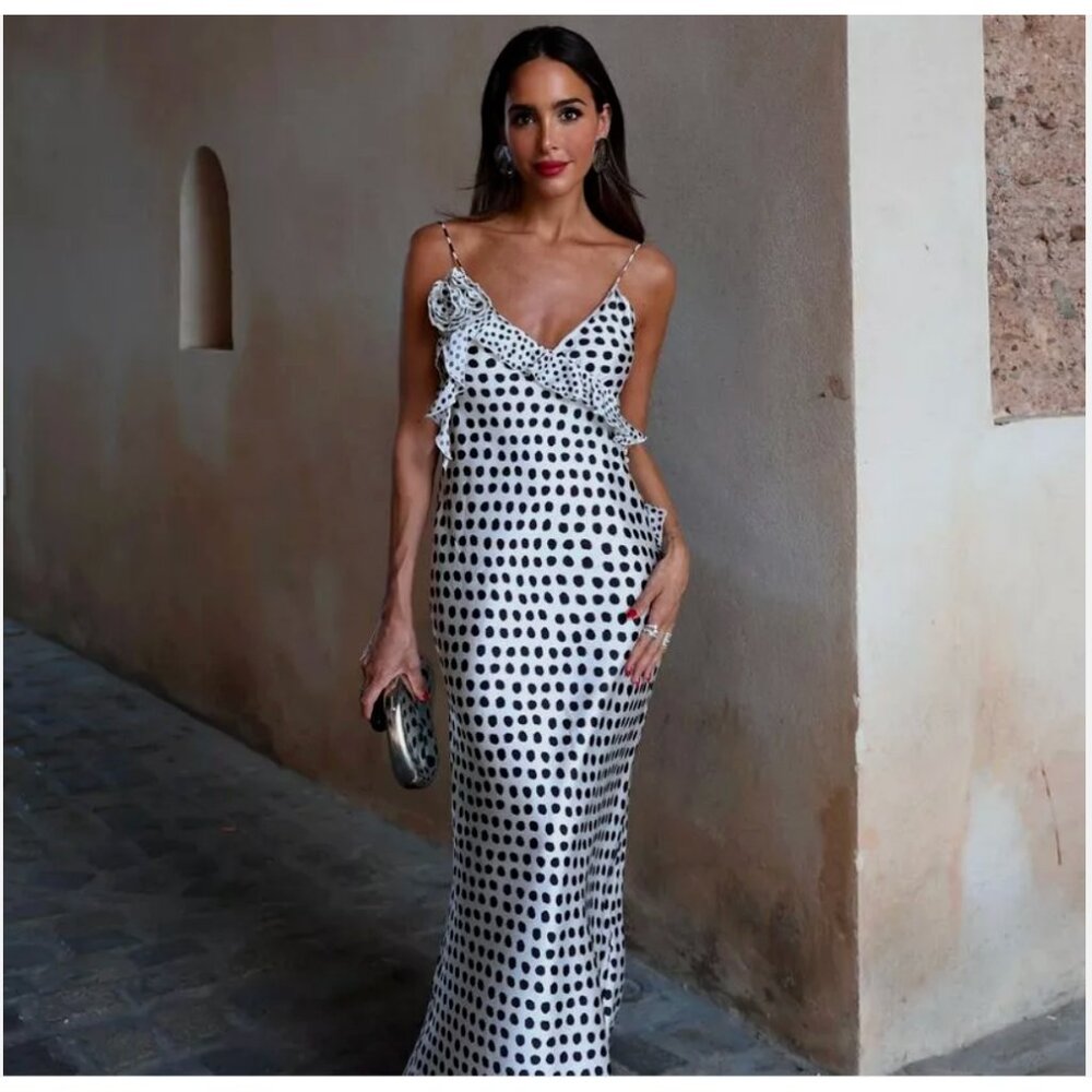 Zara White Polka Dot Slip Maxi Dress with Black Dots